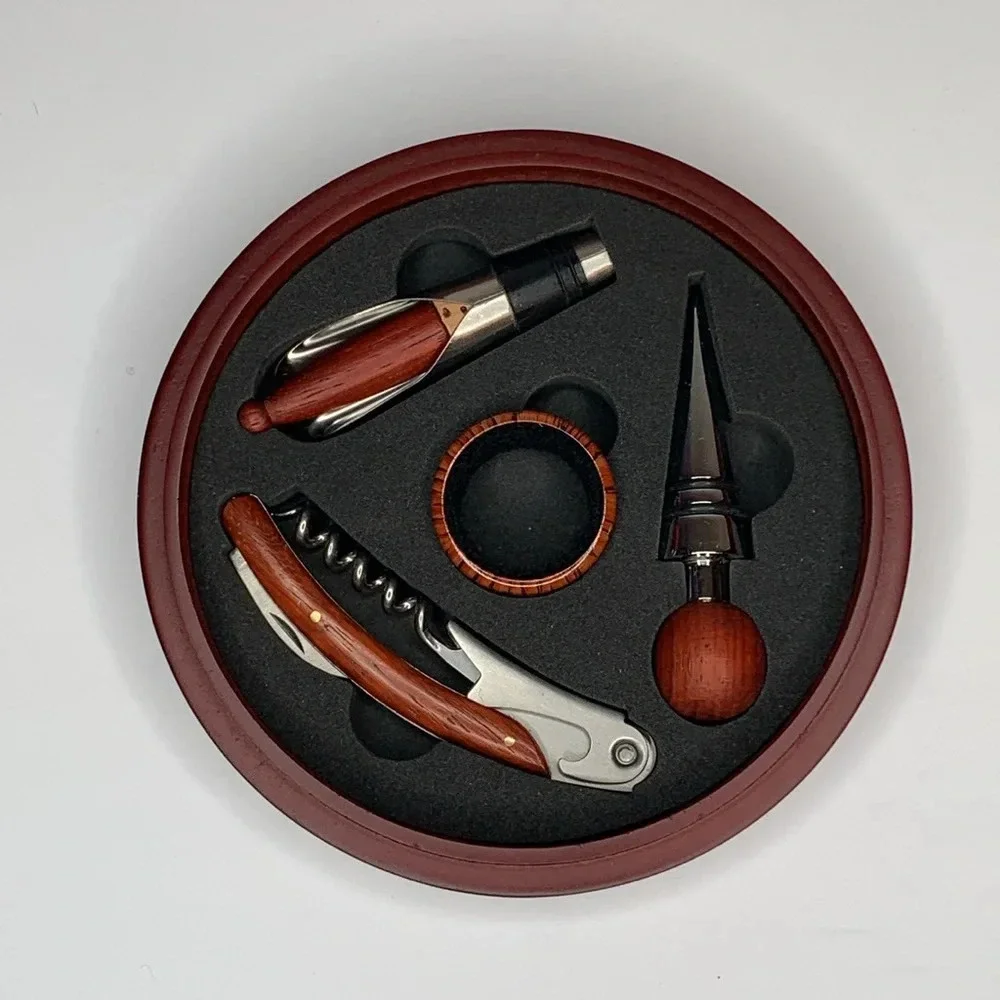 4 pc Elegant Brown Wine Tool Set Corkscrew Bottle Stopper Wine Pourer Gift Box